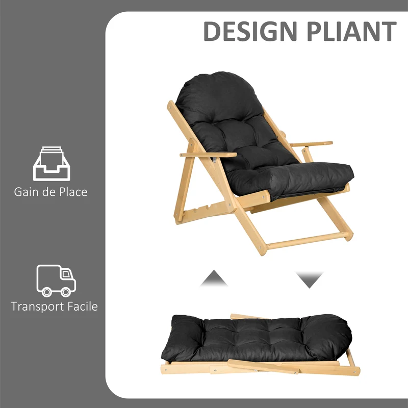 Fauteuil pliable de salon 71 x 89 x 96 cm dossier réglable 3 positions assise capitonnée style naturel cosy en bois noir 21_0003070