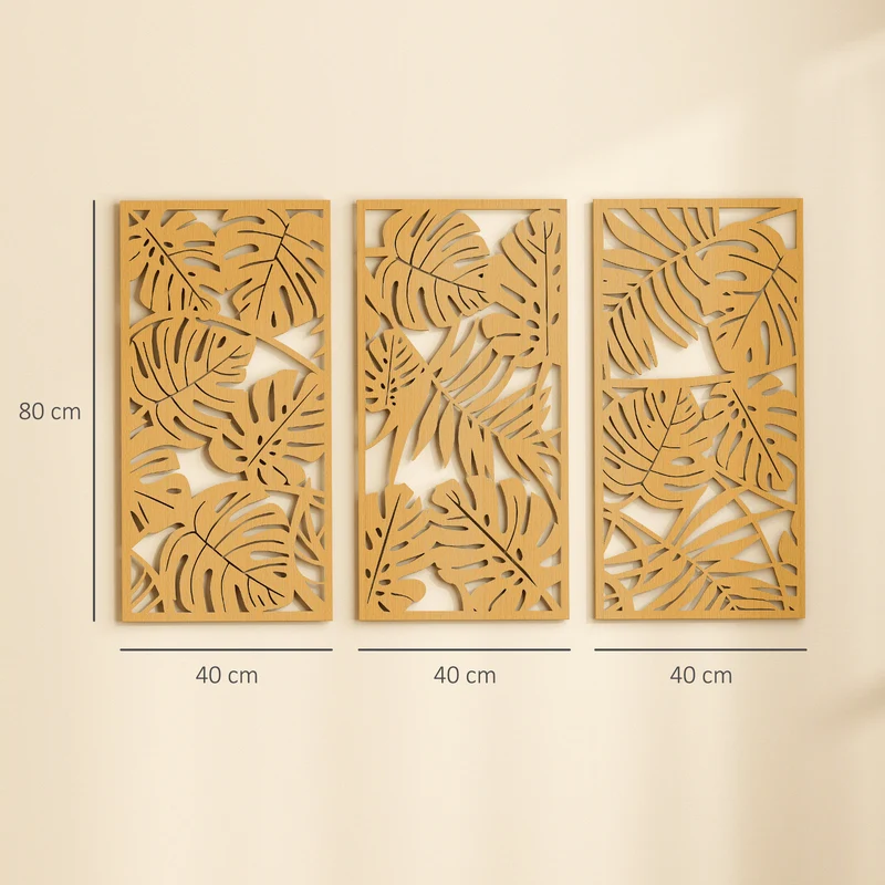 Ensemble de 3 décorations murales feuilles tropicales relief 40 x 0.9 x 80 cm salon entrée moderne en MDF bois naturel 21_0003709