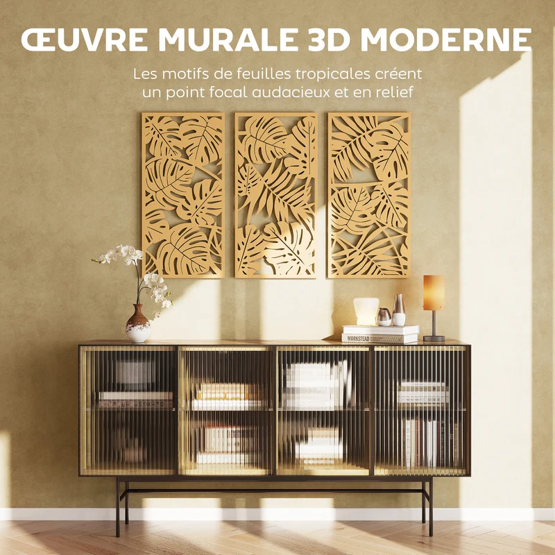 Ensemble de 3 décorations murales feuilles tropicales relief 40 x 0.9 x 80 cm salon entrée moderne en MDF bois naturel 21_0003709