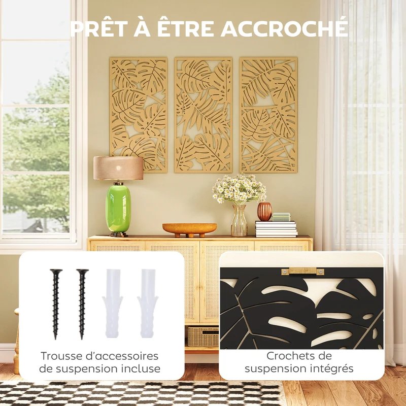 Ensemble de 3 décorations murales feuilles tropicales relief 40 x 0.9 x 80 cm salon entrée moderne en MDF bois naturel 21_0003709