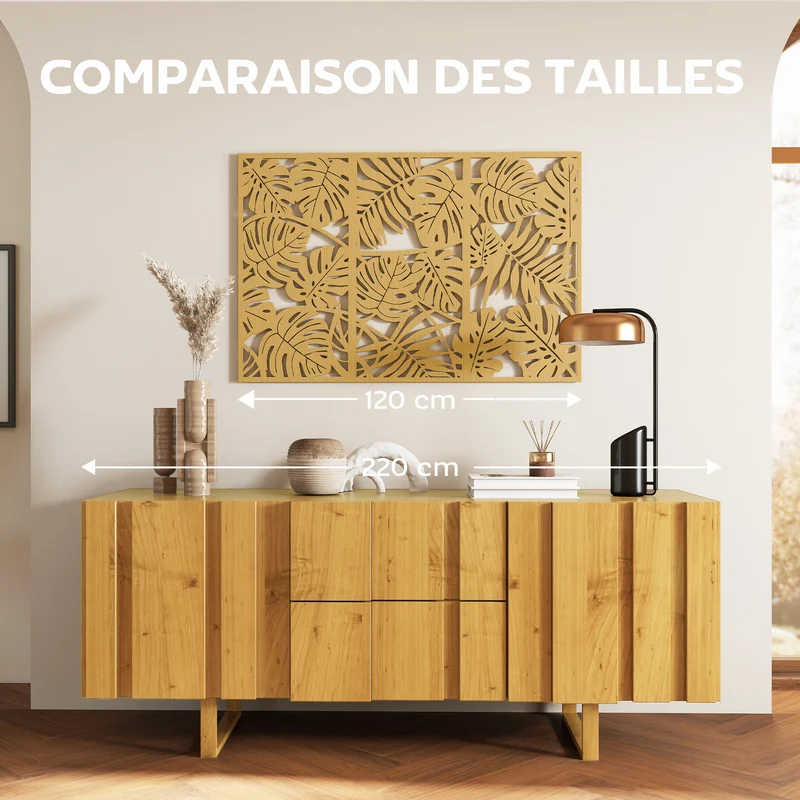 Ensemble de 3 décorations murales feuilles tropicales relief 40 x 0.9 x 80 cm salon entrée moderne en MDF bois naturel 21_0003709