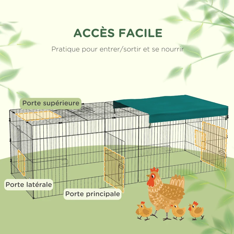 Enclos modulable petits animaux extérieur 220 x 85 x 70 cm accès facile toit ombragé contemporain moderne en acier vert 21_0007970