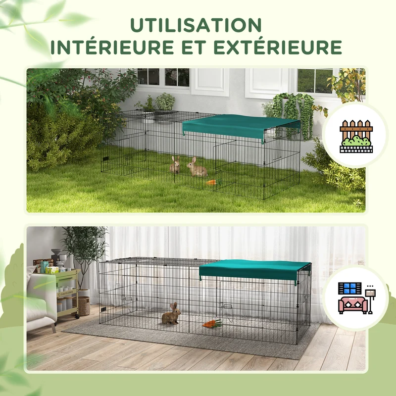 Enclos modulable petits animaux extérieur 220 x 85 x 70 cm accès facile toit ombragé contemporain moderne en acier vert 21_0007970