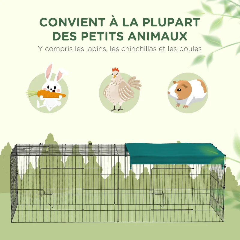 Enclos modulable petits animaux extérieur 220 x 85 x 70 cm accès facile toit ombragé contemporain moderne en acier vert 21_0007970