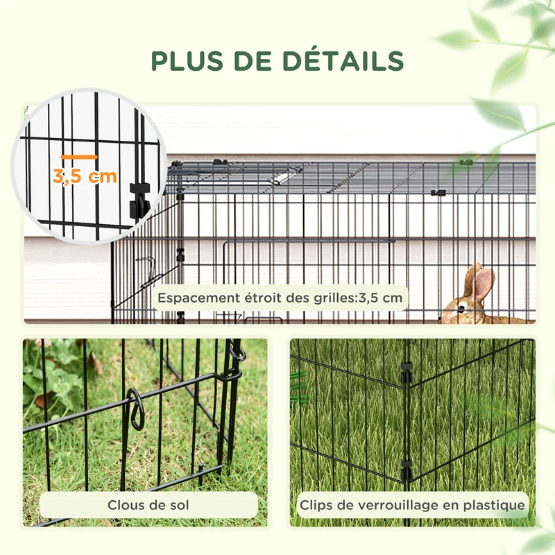 Enclos modulable petits animaux extérieur 220 x 85 x 70 cm accès facile toit ombragé contemporain moderne en acier vert 21_0007970