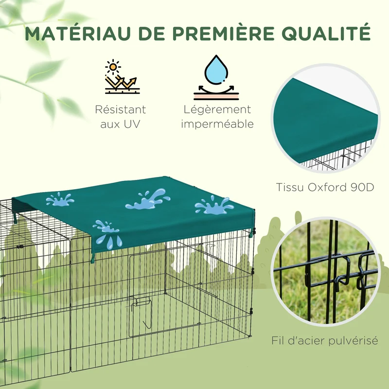 Enclos modulable petits animaux extérieur 220 x 85 x 70 cm accès facile toit ombragé contemporain moderne en acier vert 21_0007970