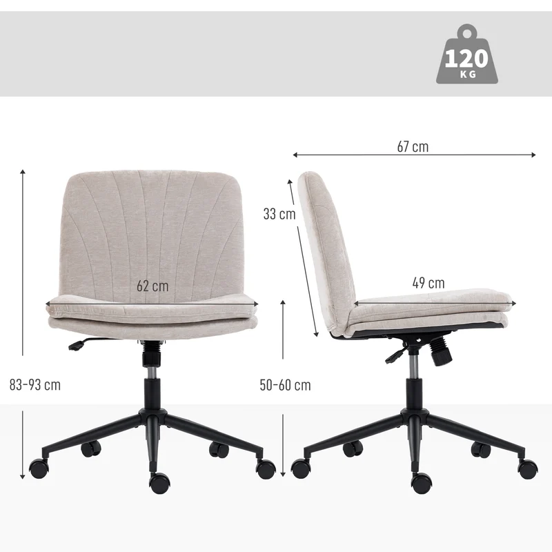 Chaise de bureau sans accoudoirs 62 x 67 x 83-93 cm assise large hauteur réglable inclinable moderne en chenille beige 21_0006324