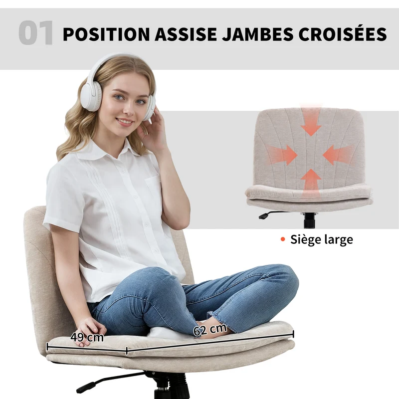 Chaise de bureau sans accoudoirs 62 x 67 x 83-93 cm assise large hauteur réglable inclinable moderne en chenille beige 21_0006324
