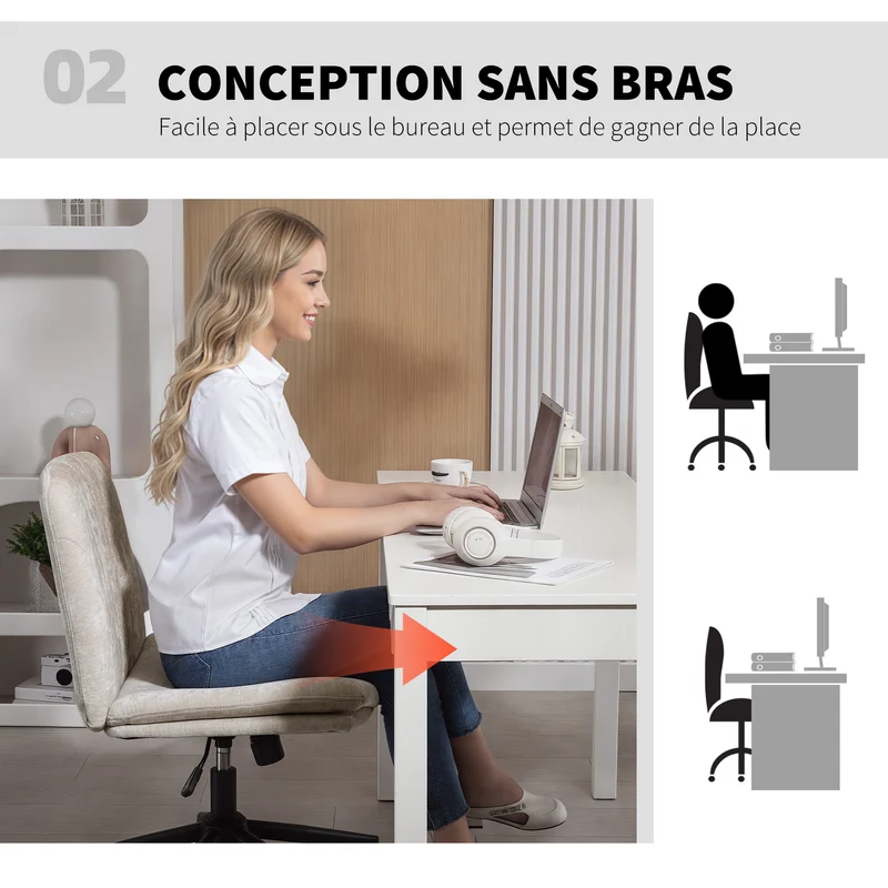 Chaise de bureau sans accoudoirs 62 x 67 x 83-93 cm assise large hauteur réglable inclinable moderne en chenille beige 21_0006324