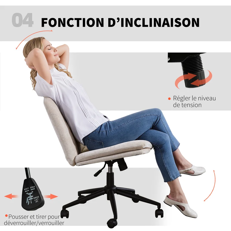 Chaise de bureau sans accoudoirs 62 x 67 x 83-93 cm assise large hauteur réglable inclinable moderne en chenille beige 21_0006324
