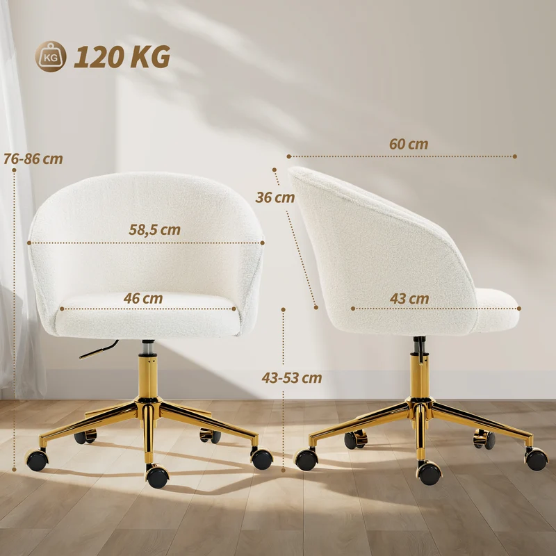 Chaise de bureau 58,5 x 60 x 76-86 cm pivotante 360° réglable moderne scandinave salon base dorée en polaire teddy crème 21_0006325