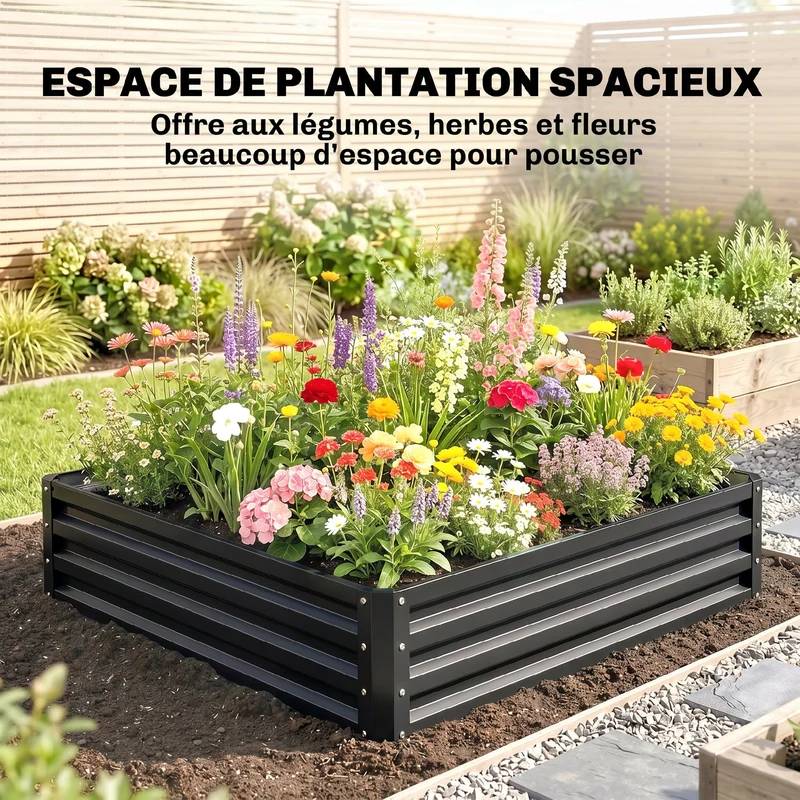 Carré potager jardin 120 x 120 x 30 cm protège des mauvaises herbes et retient la chaleur moderne en acier galvanisé gris 21_0004045