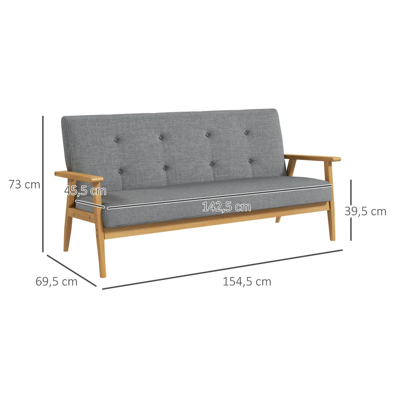 Canapé 3 places compact salon 154.5 x 69.5 x 73 cm assise rembourrée dossier capitonné scandinave en lin gris foncé 21_0001822
