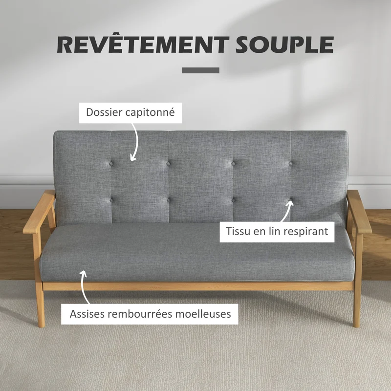 Canapé 3 places compact salon 154.5 x 69.5 x 73 cm assise rembourrée dossier capitonné scandinave en lin gris foncé 21_0001822