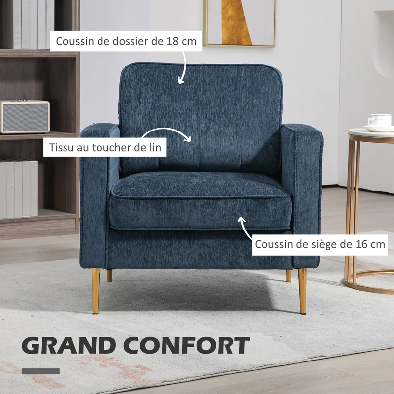 Canapé 1 place compact 81 x 84 x 87 cm confort rembourrage mousse haute densité contemporain épuré en polyester bleu 21_0003153