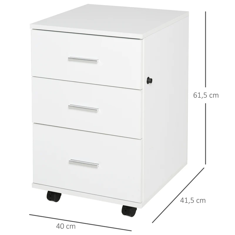 Caisson de bureau à roulettes 40 x 40 x 61,5 cm 3 tiroirs verrouillables mobilité avec frein design en mélamine blanc 21_0006375