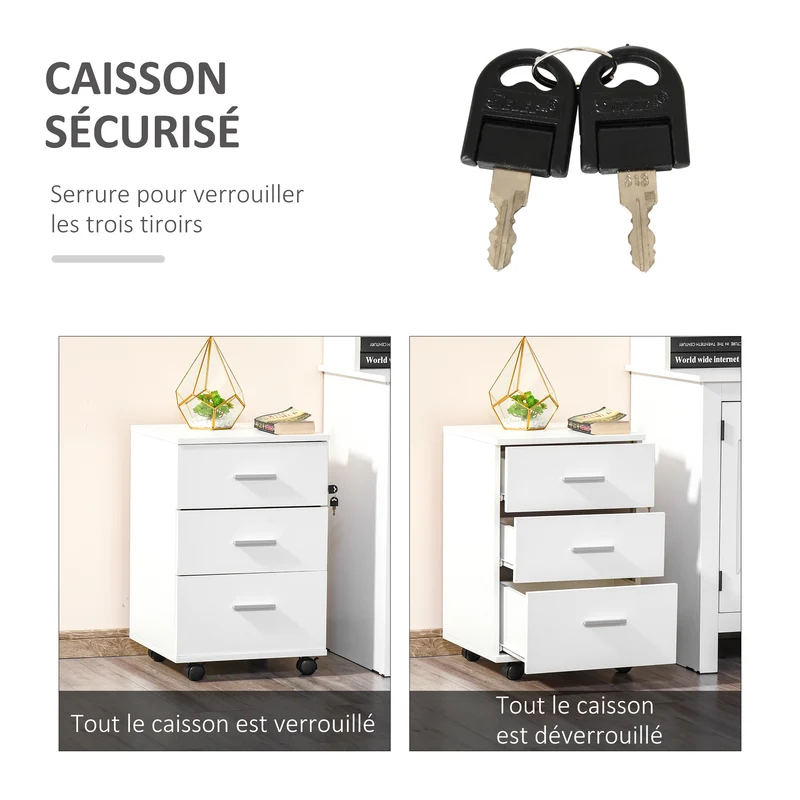 Caisson de bureau à roulettes 40 x 40 x 61,5 cm 3 tiroirs verrouillables mobilité avec frein design en mélamine blanc 21_0006375