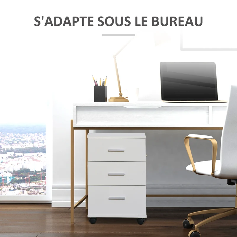 Caisson de bureau à roulettes 40 x 40 x 61,5 cm 3 tiroirs verrouillables mobilité avec frein design en mélamine blanc 21_0006375