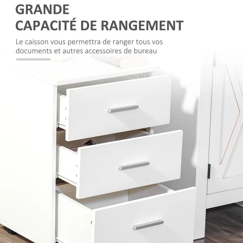 Caisson de bureau à roulettes 40 x 40 x 61,5 cm 3 tiroirs verrouillables mobilité avec frein design en mélamine blanc 21_0006375