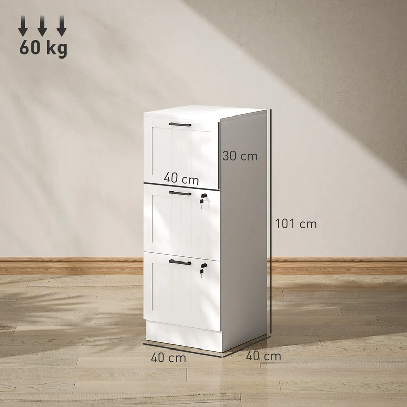 Caisson de bureau 3 tiroirs 40 x 40 x 101 cm verrouillable support imprimante gain de place moderne épuré en MDF blanc 21_0006403
