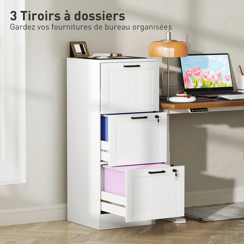 Caisson de bureau 3 tiroirs 40 x 40 x 101 cm verrouillable support imprimante gain de place moderne épuré en MDF blanc 21_0006403