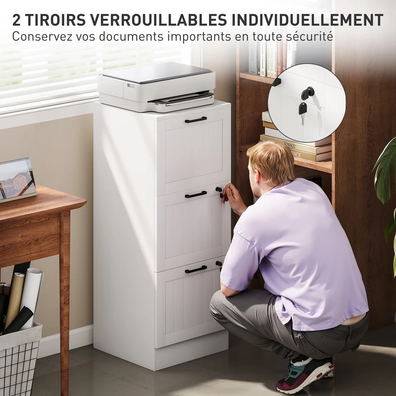 Caisson de bureau 3 tiroirs 40 x 40 x 101 cm verrouillable support imprimante gain de place moderne épuré en MDF blanc 21_0006403