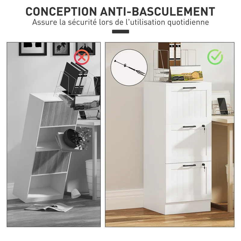 Caisson de bureau 3 tiroirs 40 x 40 x 101 cm verrouillable support imprimante gain de place moderne épuré en MDF blanc 21_0006403