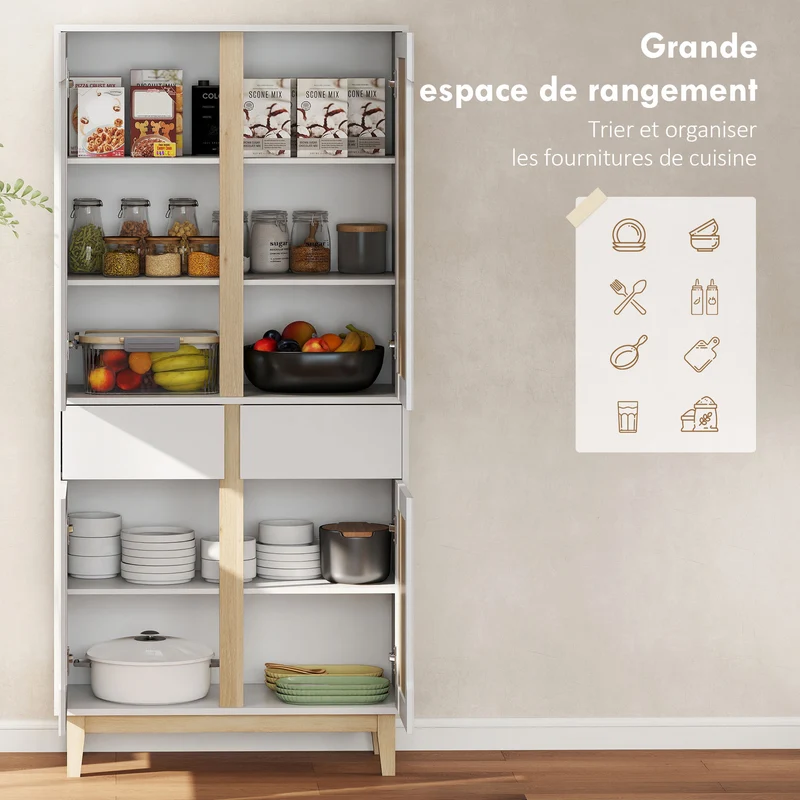 Buffet haut cuisine 80 x 35 x 170 cm tiroirs fermeture silencieuse étagères réglables style scandinave en MDF blanc 21_0003337