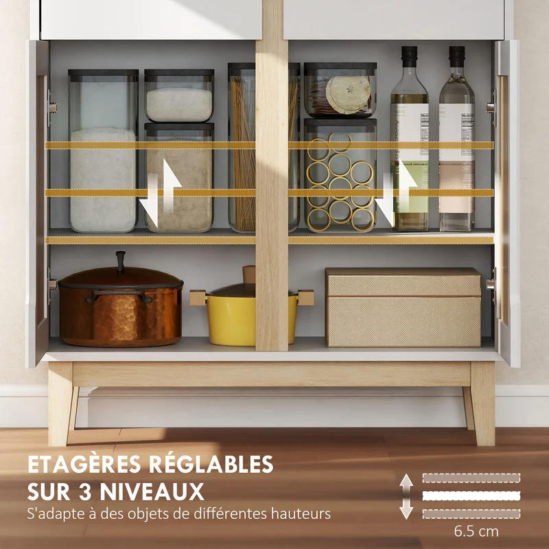 Buffet haut cuisine 80 x 35 x 170 cm tiroirs fermeture silencieuse étagères réglables style scandinave en MDF blanc 21_0003337