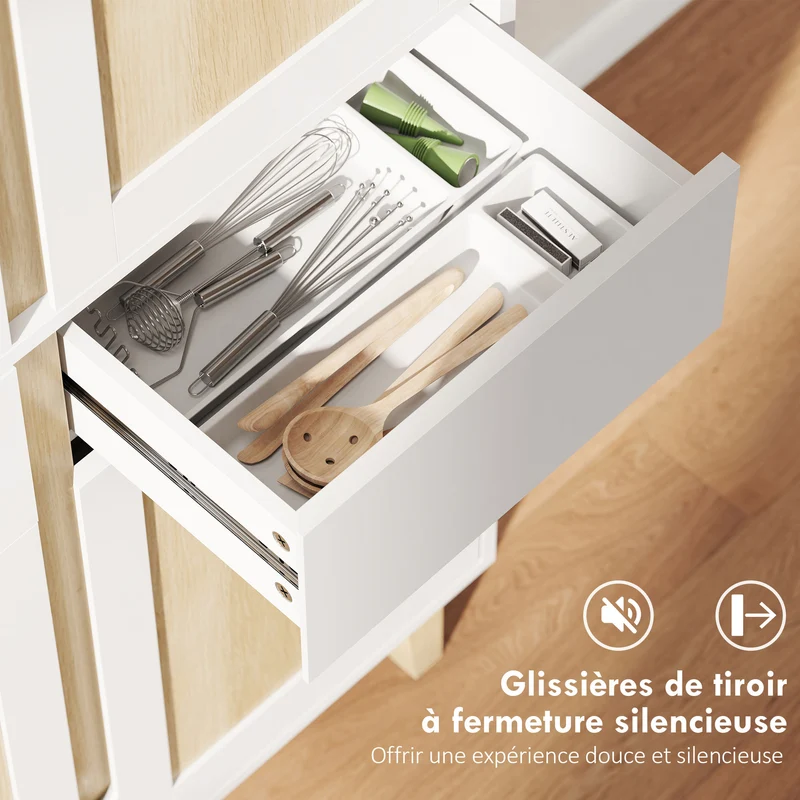 Buffet haut cuisine 80 x 35 x 170 cm tiroirs fermeture silencieuse étagères réglables style scandinave en MDF blanc 21_0003337