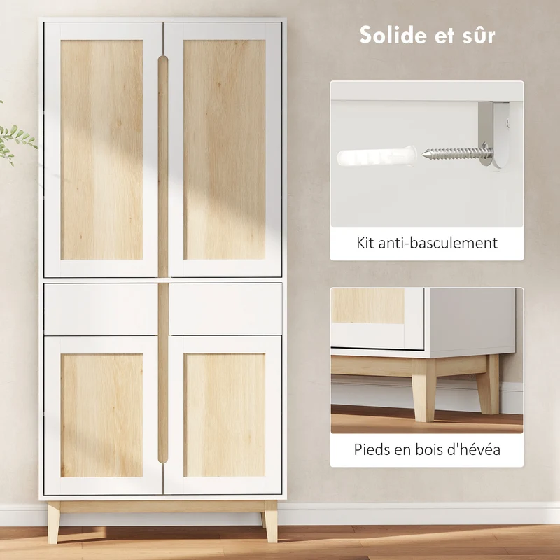 Buffet haut cuisine 80 x 35 x 170 cm tiroirs fermeture silencieuse étagères réglables style scandinave en MDF blanc 21_0003337