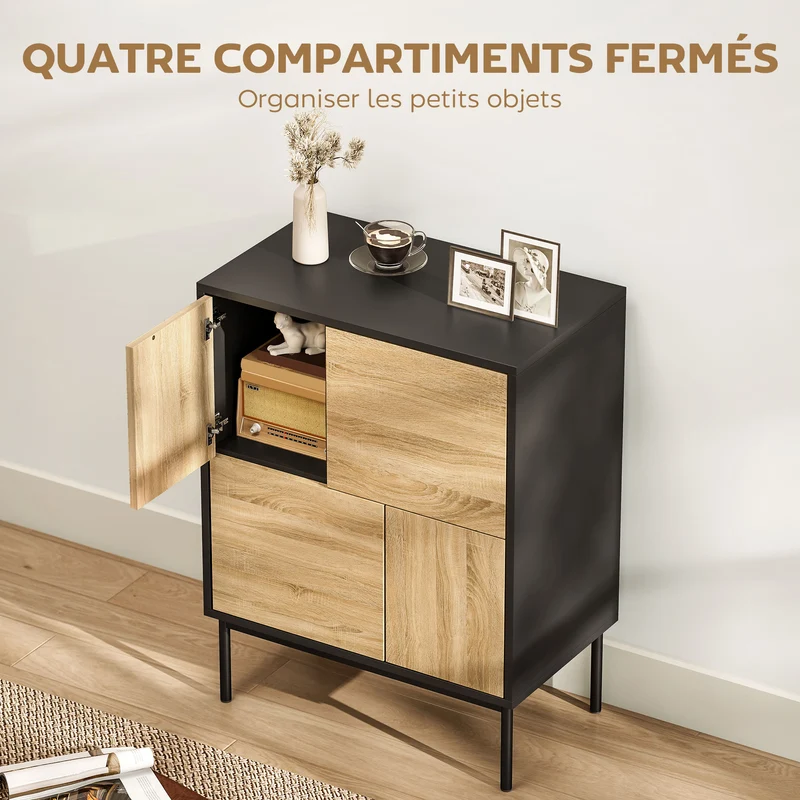 Buffet de rangement moderne 60 x 35 x 78 cm portes à pousser 4 compartiments anti-basculement cuisine salon en MDF noir 21_0003578