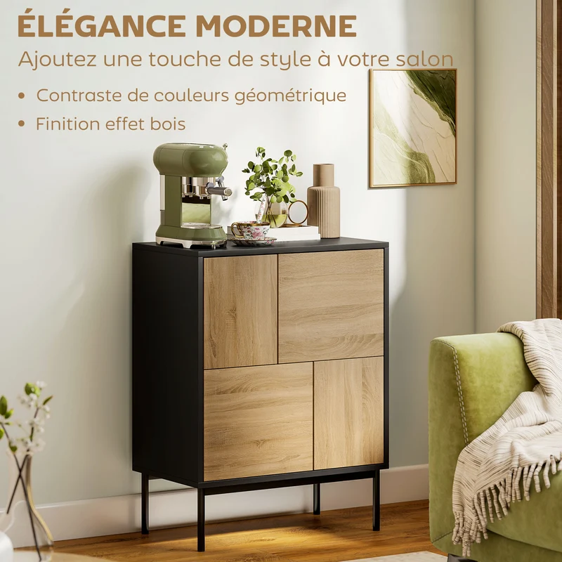 Buffet de rangement moderne 60 x 35 x 78 cm portes à pousser 4 compartiments anti-basculement cuisine salon en MDF noir 21_0003578