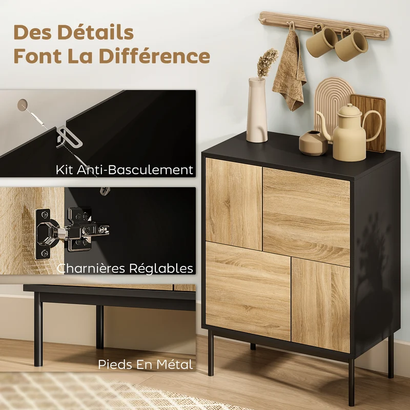 Buffet de rangement moderne 60 x 35 x 78 cm portes à pousser 4 compartiments anti-basculement cuisine salon en MDF noir 21_0003578