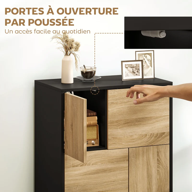 Buffet de rangement moderne 60 x 35 x 78 cm portes à pousser 4 compartiments anti-basculement cuisine salon en MDF noir 21_0003578