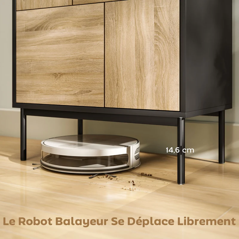 Buffet de rangement moderne 60 x 35 x 78 cm portes à pousser 4 compartiments anti-basculement cuisine salon en MDF noir 21_0003578