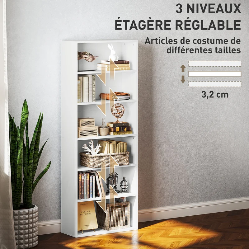 Bibliothèque étagère salon 60 x 24 x 158.5 cm robuste réglable finition mate moderne épuré en panneau de particules blanc 21_0002512