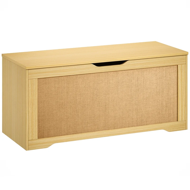 Banc coffre de rangement entrée 100 x 40 x 45 cm 136 l fermeture douce charnières de sécurité style épuré en rotin chêne 21_0002997
