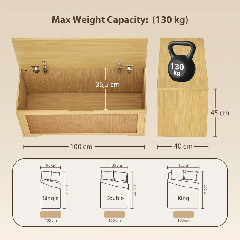 Banc coffre de rangement entrée 100 x 40 x 45 cm 136 l fermeture douce charnières de sécurité style épuré en rotin chêne 21_0002997