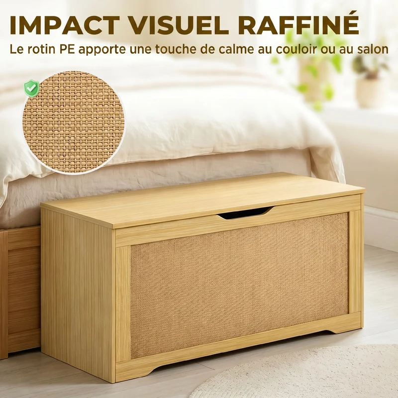 Banc coffre de rangement entrée 100 x 40 x 45 cm 136 l fermeture douce charnières de sécurité style épuré en rotin chêne 21_0002997