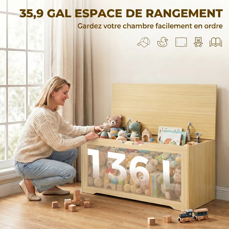 Banc coffre de rangement entrée 100 x 40 x 45 cm 136 l fermeture douce charnières de sécurité style épuré en rotin chêne 21_0002997