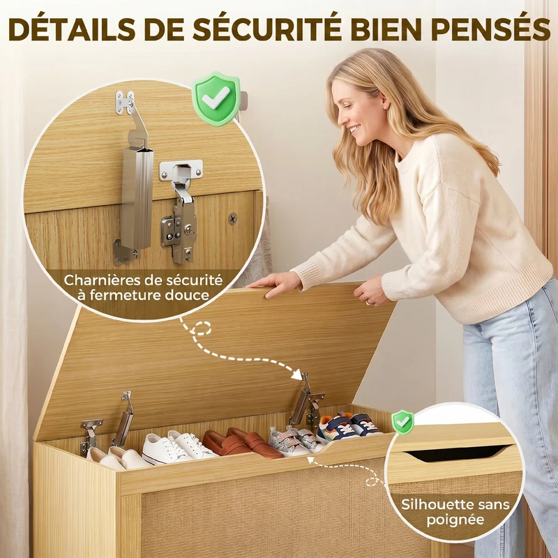 Banc coffre de rangement entrée 100 x 40 x 45 cm 136 l fermeture douce charnières de sécurité style épuré en rotin chêne 21_0002997