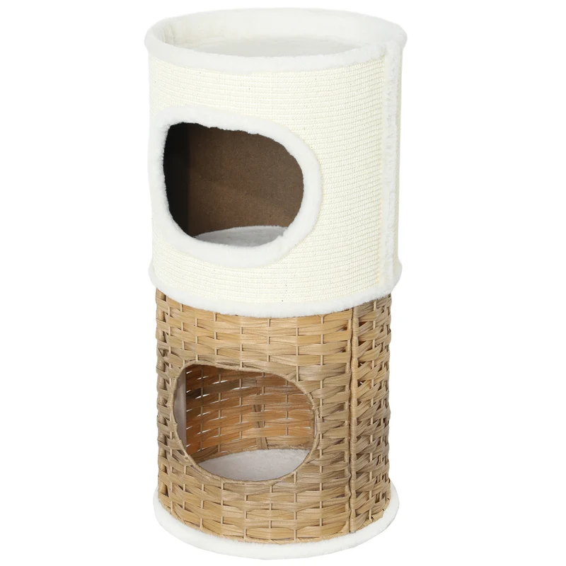 Tour pour chat d'intérieur 40 x 80 cm double entrée griffoir intégré design scandinave en panneau de particules crème 21_0007732