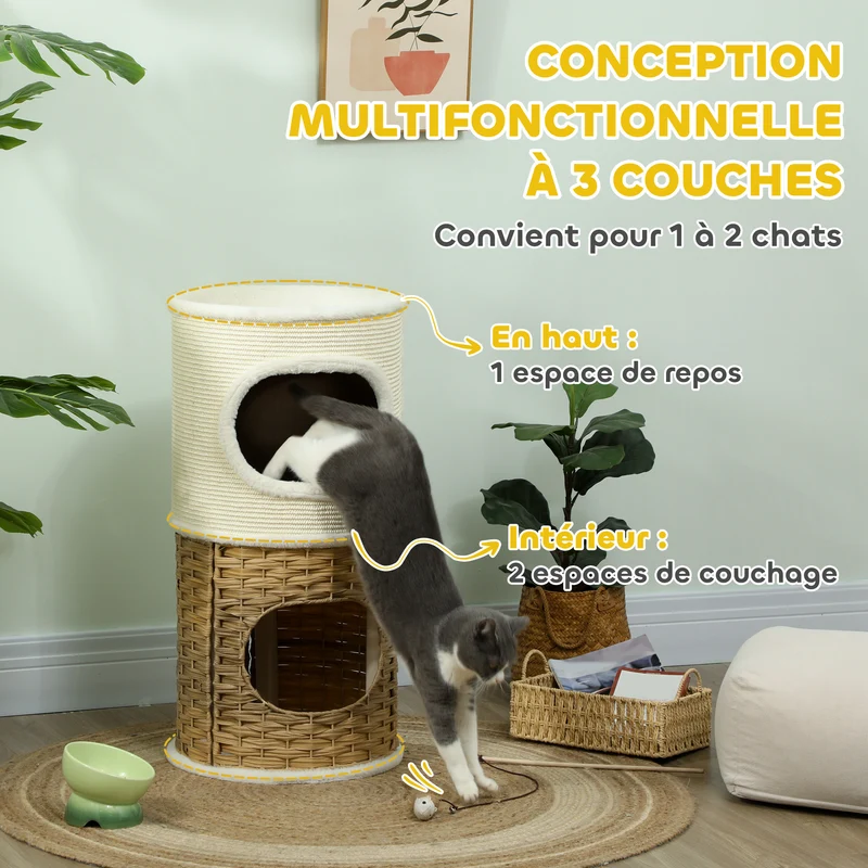 Tour pour chat d'intérieur 40 x 80 cm double entrée griffoir intégré design scandinave en panneau de particules crème 21_0007732