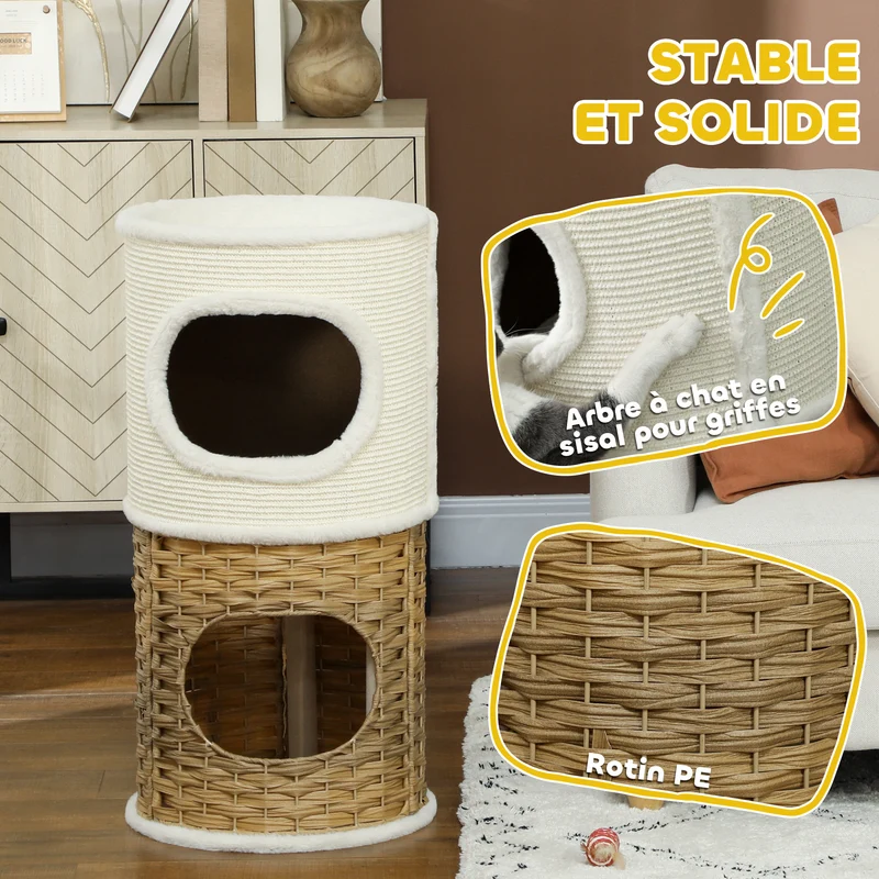 Tour pour chat d'intérieur 40 x 80 cm double entrée griffoir intégré design scandinave en panneau de particules crème 21_0007732