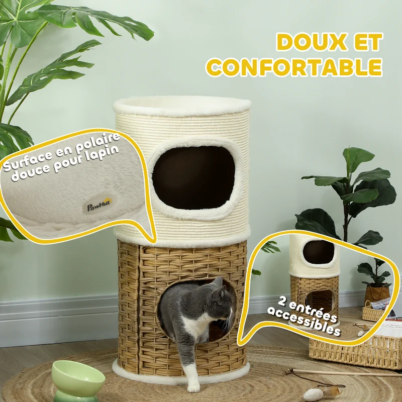 Tour pour chat d'intérieur 40 x 80 cm double entrée griffoir intégré design scandinave en panneau de particules crème 21_0007732