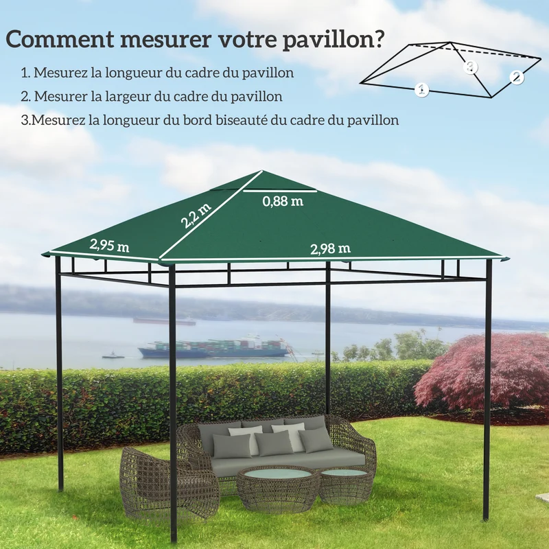 Toile de rechange pavillon 298 x 295 cm anti-uv ventilation pose rapide extérieur contemporain épuré en polyester vert 21_0004759