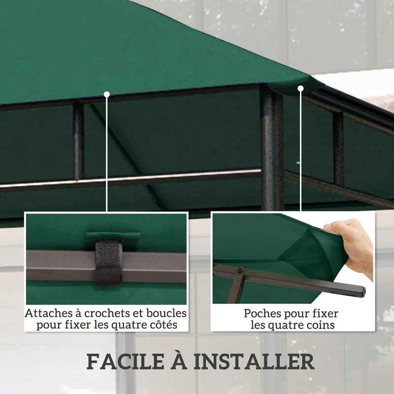 Toile de rechange pavillon 298 x 295 cm anti-uv ventilation pose rapide extérieur contemporain épuré en polyester vert 21_0004759
