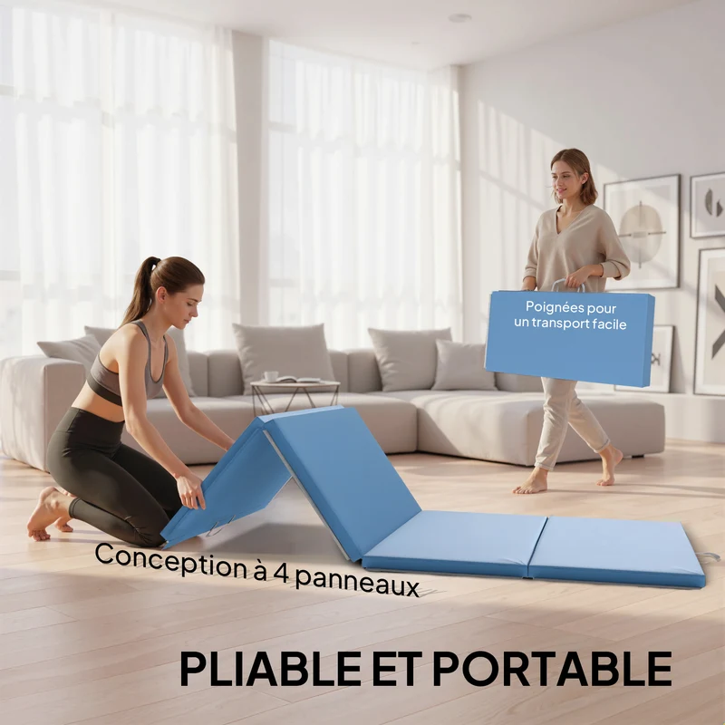 Tapis de gymnastique pliable 240 x 120 x 5 cm amorti antidérapant épuré moderne salon en polyéthylène expansé bleu clair 21_0006594