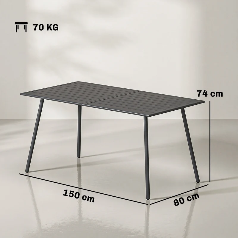 Table à manger de jardin 150 x 80 x 74 cm 6 personnes plateau à lattes drainant antirouille design épuré en acier gris 21_0005268